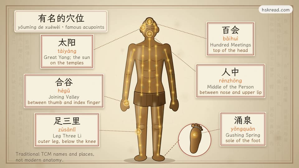 A bronze acupuncture figure with gold meridian lines and six acupoints labeled with their Chinese names: 百会 bǎihuì (Hundred Meetings) on top of the head, 太阳 tàiyáng (Great Yang) at the temple, 人中 rénzhōng (Middle of the Person) under the nose, 合谷 hégǔ (Joining Valley) on the hand between thumb and index finger, 足三里 zúsānlǐ (Leg Three Li) below the knee and 涌泉 yǒngquán (Gushing Spring) on the sole of the foot