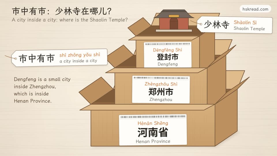 Three open parcel boxes rising out of each other: the biggest is labeled 河南省 Henan Province, the middle one 郑州市 Zhengzhou, the smallest 登封市 Dengfeng, with the gate of the Shaolin Temple (少林寺) popping out of the top; a tag reads 市中有市, “a city inside a city”