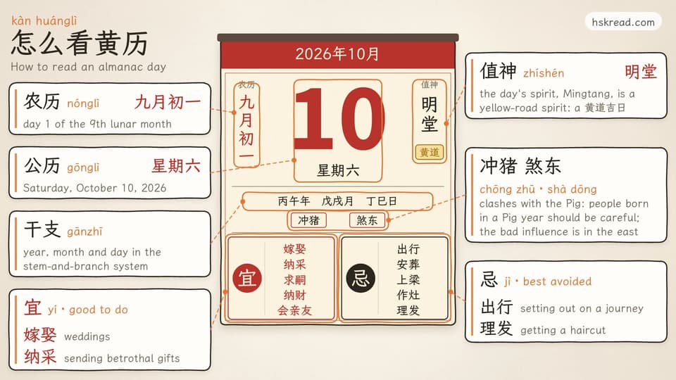 An almanac page for October 10, 2026 with callout cards: 农历 九月初一, day 1 of the 9th lunar month; 公历 星期六, Saturday, October 10, 2026; 干支, the year, month and day in the stem-and-branch system; 值神 明堂, a yellow-road spirit, so it is a 黄道吉日; 冲猪 煞东, clashes with the Pig and the bad influence is in the east; 宜, good to do, such as 嫁娶 weddings and 纳采 sending betrothal gifts; 忌, best avoided, such as 出行 setting out on a journey and 理发 getting a haircut