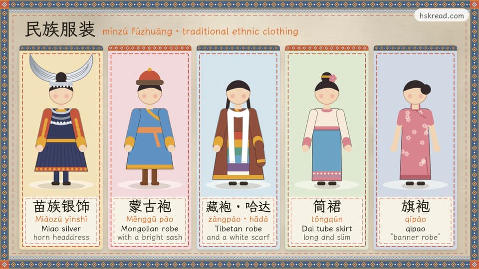 Five simple cloth-doll figures in traditional ethnic clothing: a Miao silver horn headdress and necklace, a long Mongolian robe with a bright sash, a Tibetan robe with a white hada scarf, a slim Dai tube skirt and a qipao