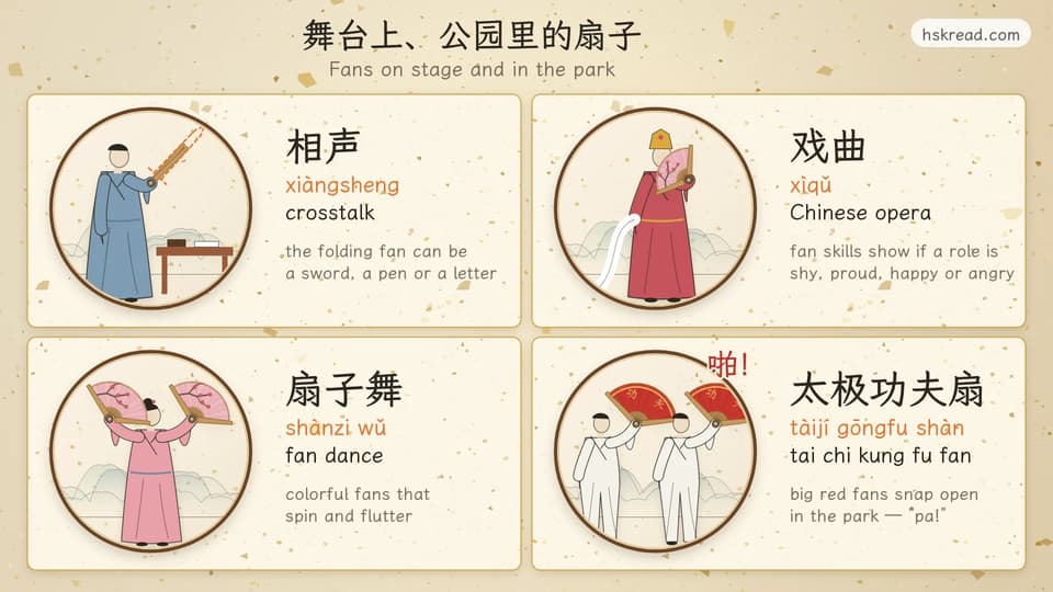 Four ways fans are used in Chinese performance, each in a round frame: a crosstalk (相声) comedian holding his closed folding fan like a sword; a Chinese opera (戏曲) actor hiding part of the face behind a pink fan; a fan dancer (扇子舞) holding two fans up high; and two park retirees in white doing tai chi kung fu fan (太极功夫扇) with big red fans