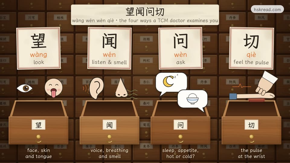 Four open wooden pharmacy drawers, one for each of the four examinations of traditional Chinese medicine: 望 wàng, looking (an eye and a cartoon face sticking out its tongue), 闻 wén, listening and smelling (an ear and a nose), 问 wèn, asking (speech bubbles with a moon and a rice bowl) and 切 qiè, feeling the pulse (three fingers on a wrist)