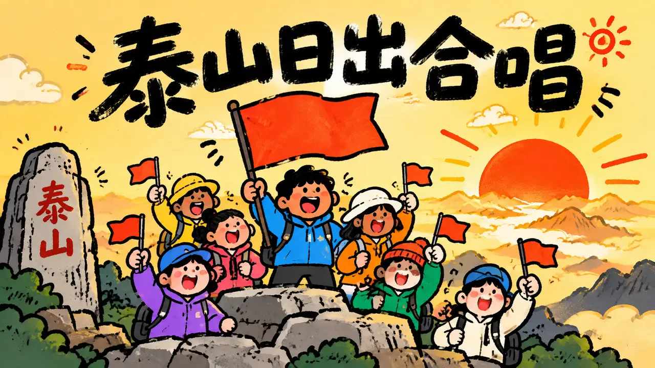 泰山上看日出，升国旗，唱爱国歌曲